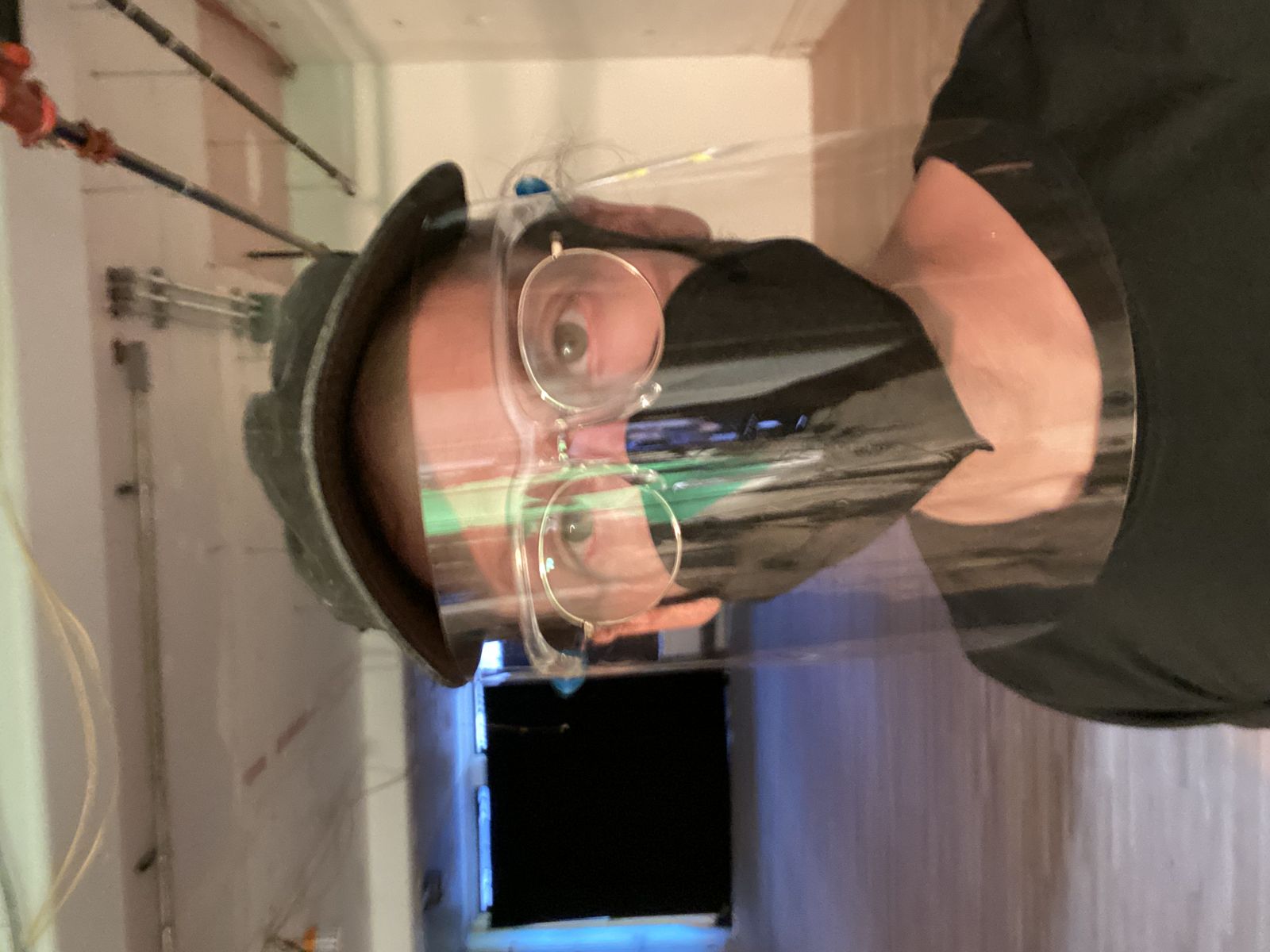Adam in face shield and mask, peak Covid
